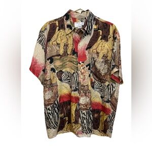 VTG 100% Silk Safari Animal Print Shirt Mens L Zebra Lion Y2K Novelty Button Up